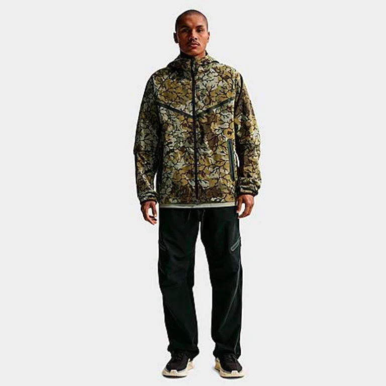Nike Men's Tech Allover Camo Print Woven Full-Zip Windrunner Jacket in Olive Flak/Black Size: XS