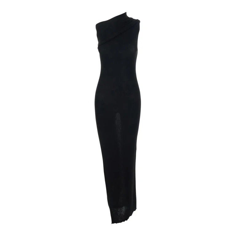 Rick Owens Long Dress athena Asymmetric With Wide Neck And Ribbed Knit In Black Cotton For Women
