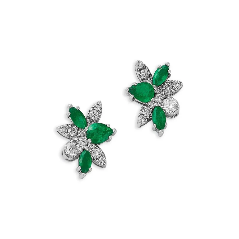 Emerald & Diamond Flower Cluster Stud Earrings in 14K White Gold