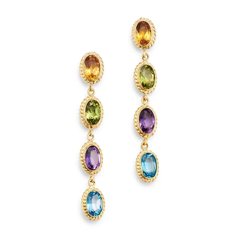 Multi-Gemstone Oval Bezel Set Drop Earrings in 14K Yellow Gold