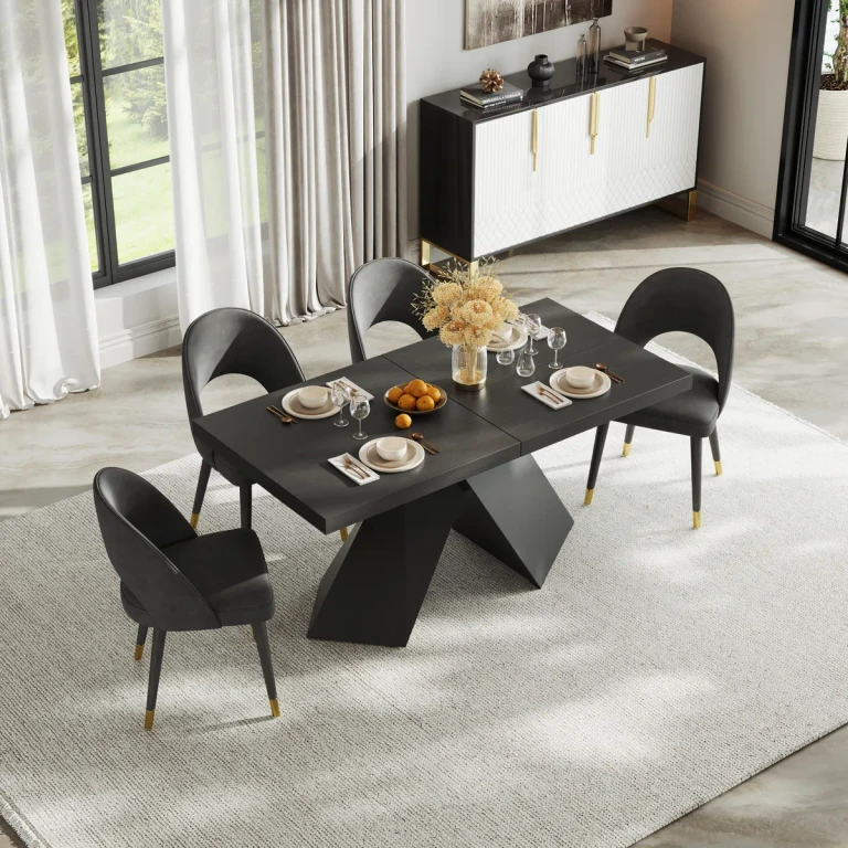 Dining Table Set 79"-94" Rectangle Extendable Dining Table & 6 Archic Japandi Rattan Dining Chairs