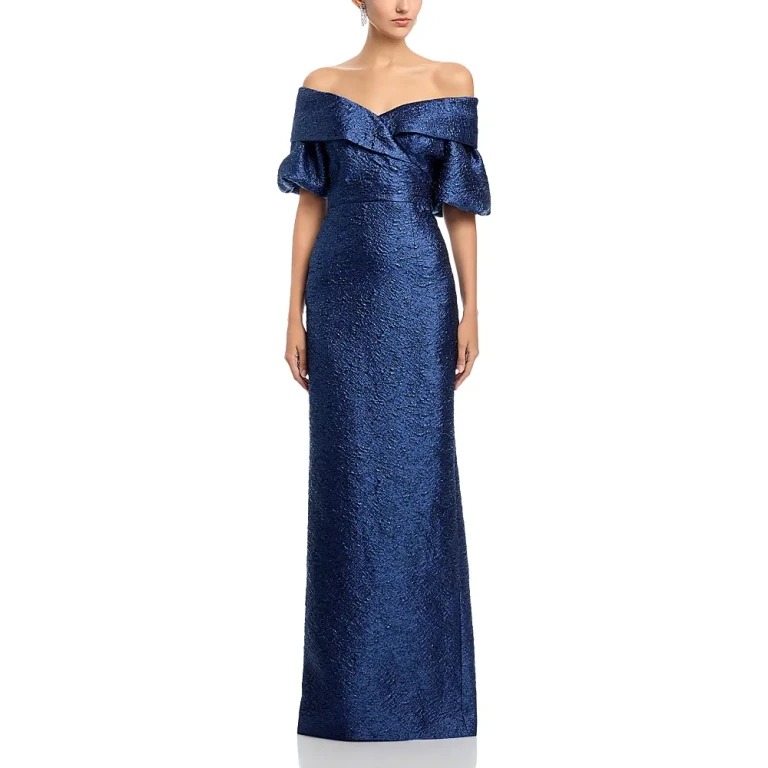 Teri Jon by Rickie Freeman Metallic Jacquard Puff Sleeve Gown