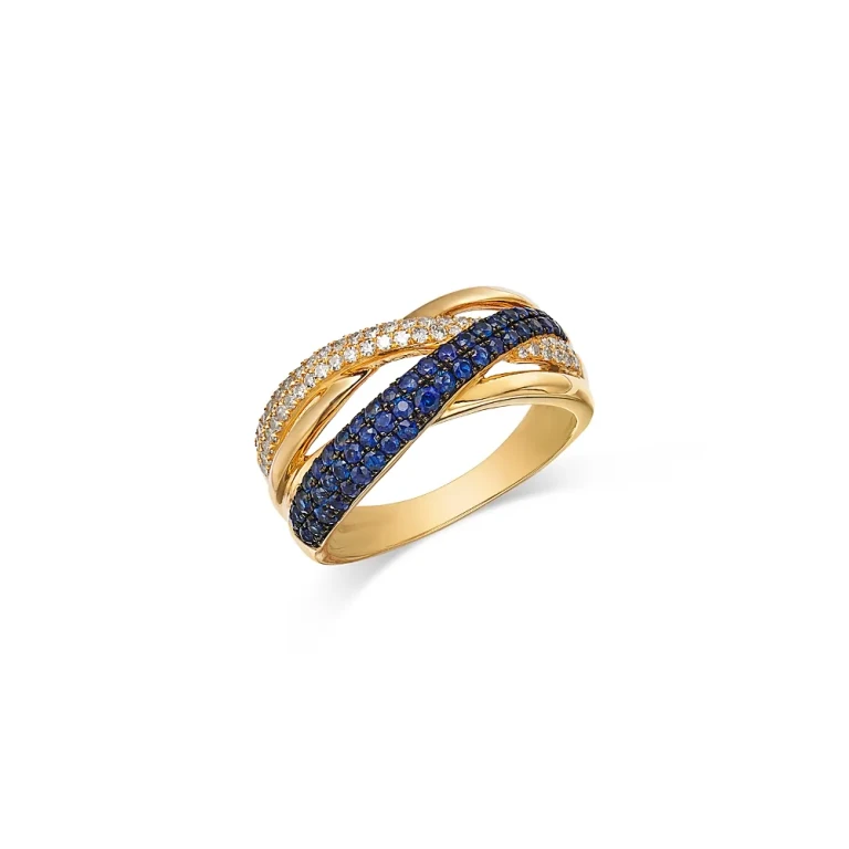 Blue Sapphire & Diamond Crossover Ring in 14K Yellow Gold