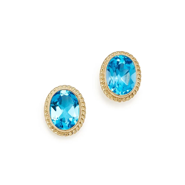 Blue Topaz Oval Bezel Stud Earrings in 14K Yellow Gold