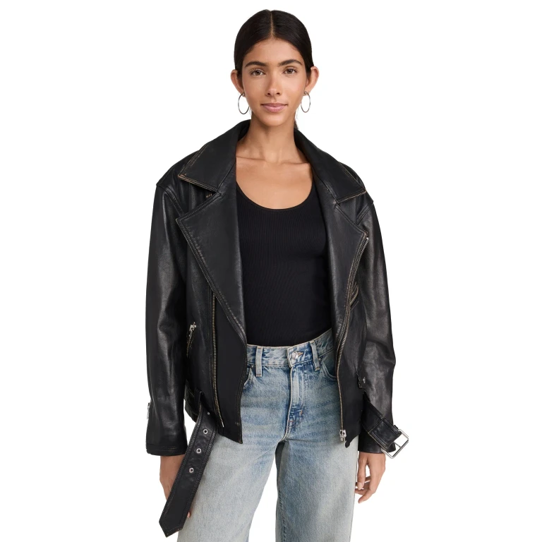 IRO Dylan Leather Biker Jacket Black Beige 38