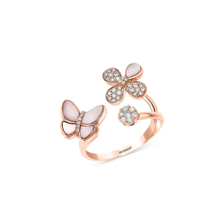 Mother-of-Pearl & Diamond Butterfly & Flower Ring in 14K Rose Gold