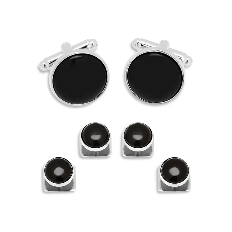 Cufflinks Inc Silver-Tone Round Onyx Stud & Cufflink Set