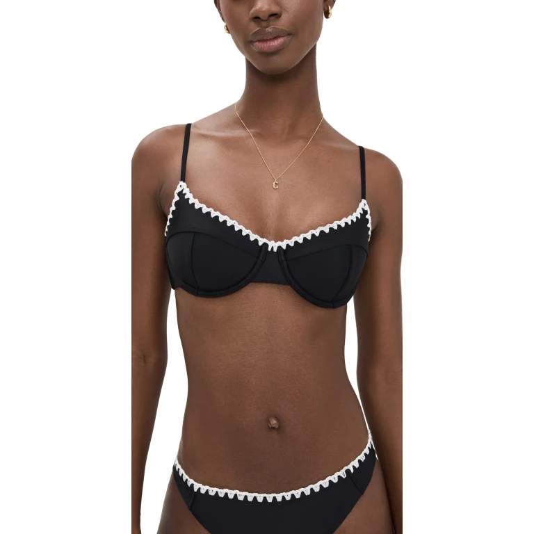 Ramy Brook Emmeline Bikini Top Black w/ White Crochet XL