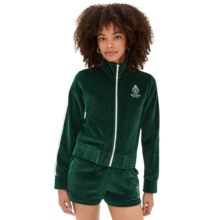 Sporty & Rich Crown Tennis Elio Velour Track Jacket Forest/Ecru XL