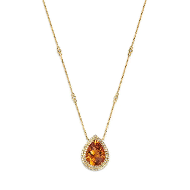 Cognac Citrine & Diamond Pear Shaped Halo Pendant Necklace in 14K Yellow Gold, 18