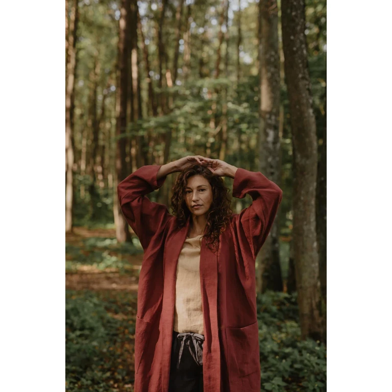 Vilnius mid length linen coat in Terracotta