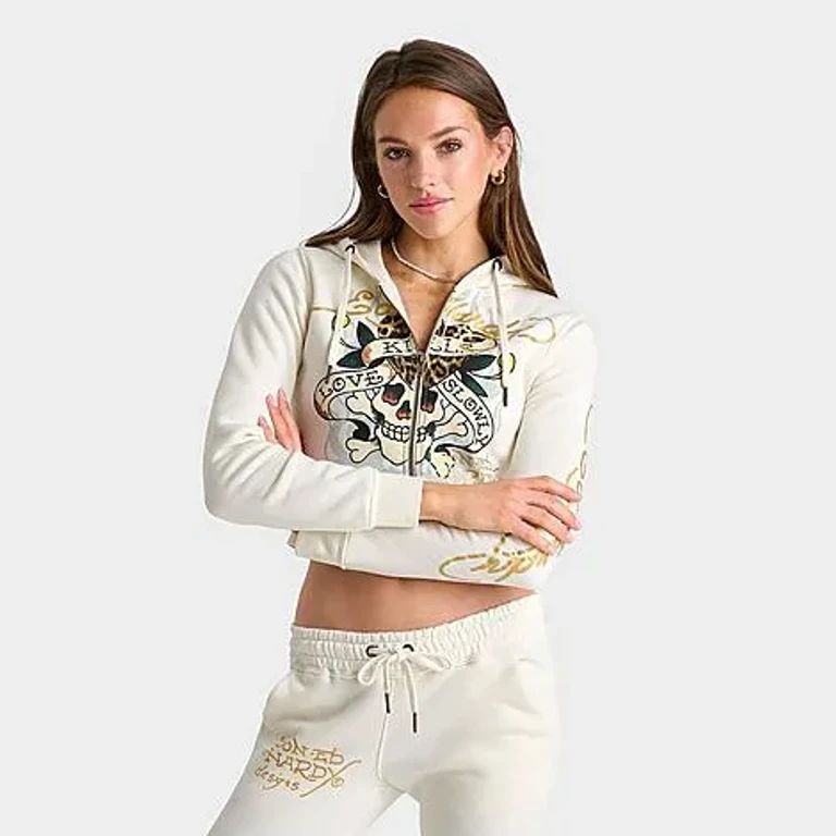 Ed Hardy Women's "Love Kills Slowly" Cropped Full-Zip Fleece Hoodie in Ivory Size: Small