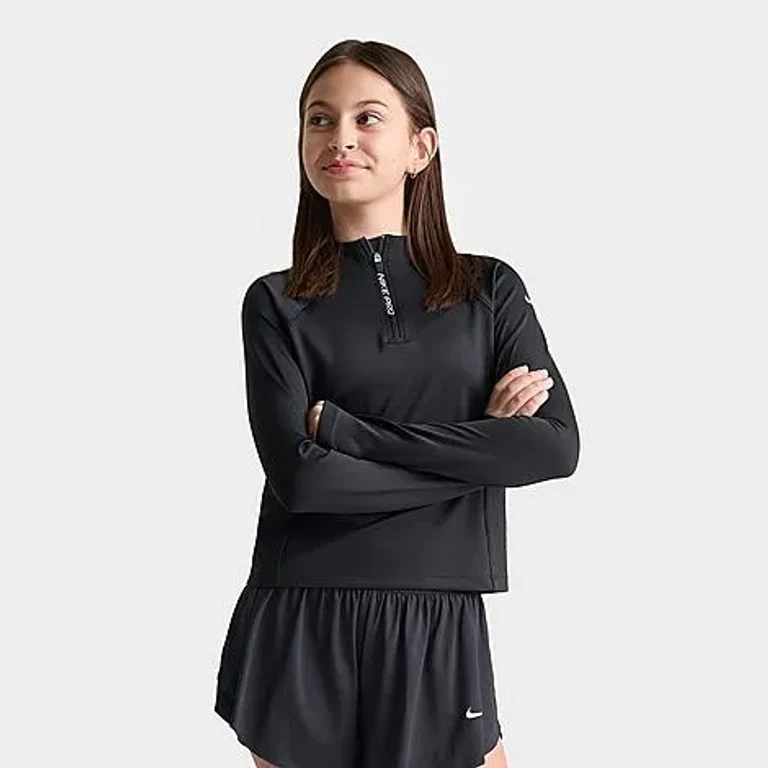 Nike Big Kids Girls' Pro Dri-FIT Long Sleeve Half-Zip Training Top in Black/White Size: XS