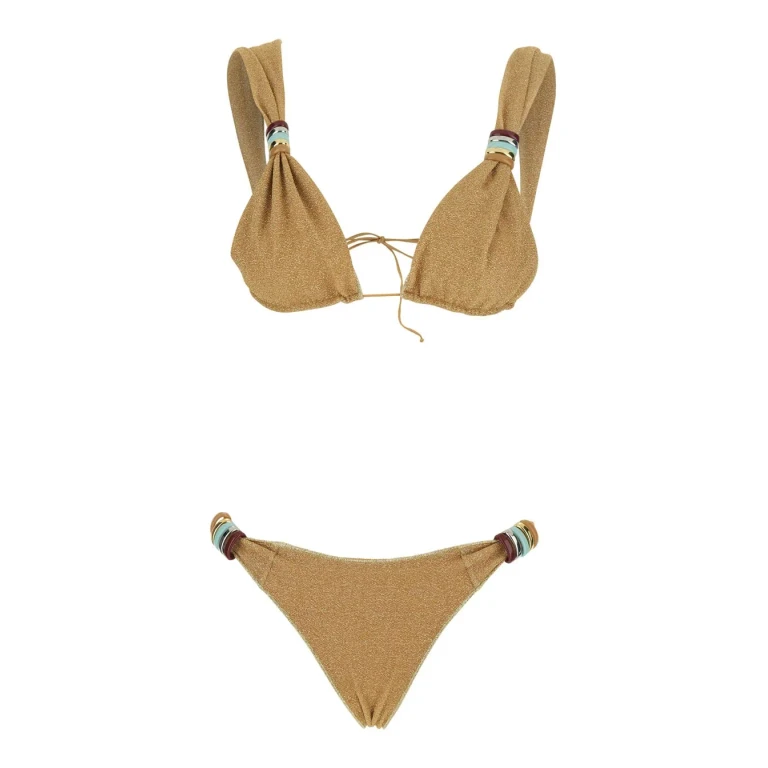 Oseree Lumiere Bikini With Metal Rings And Adjustable Closure In Gold Tech Fabric For Women