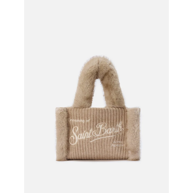 Mc2 Saint Barth Vanity Mini Shearling Rib Handbag Beige Ribbed Wool Blend With Brown Bag - Unisex