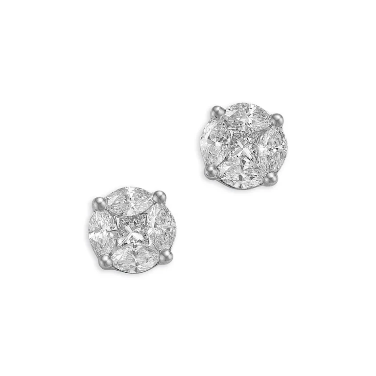 Diamond Marquise & Princess Cluster Stud Earrings in 14K White Gold, 0.75 tcw