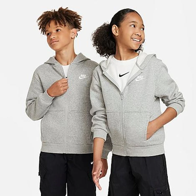 Nike Big Kids Sportswear Club Fleece Full-Zip Hoodie in Dark Grey Heather/Base Grey/White Size: XS