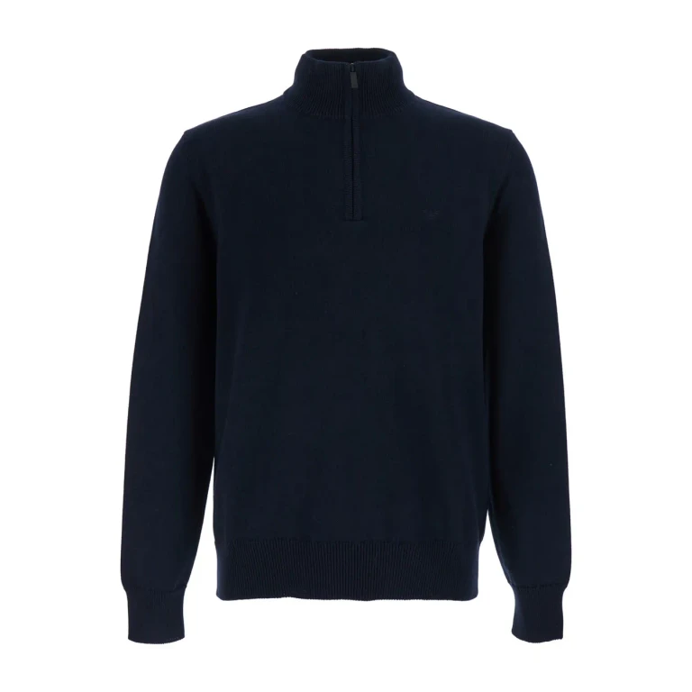 Emporio Armani Blue Sweater With Half Zip Closure On The Front And Logo Embroidery On The Front In Cotton For Men