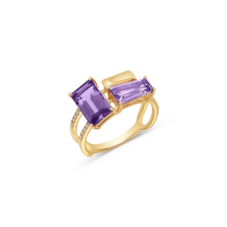 Amethyst, Pink Amethyst & Diamond Ring in 14K Yellow Gold