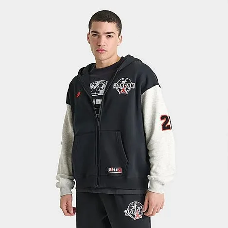 Jordan Men's Brooklyn Varsity Oversized Full-Zip Hoodie in Black/Grey Heather/Chile Red Size: Small
