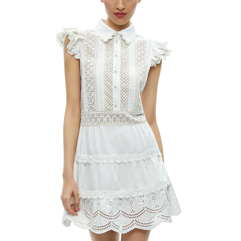 Alice and Olivia Meeko Embroidered Ruffle Sleeve Dress