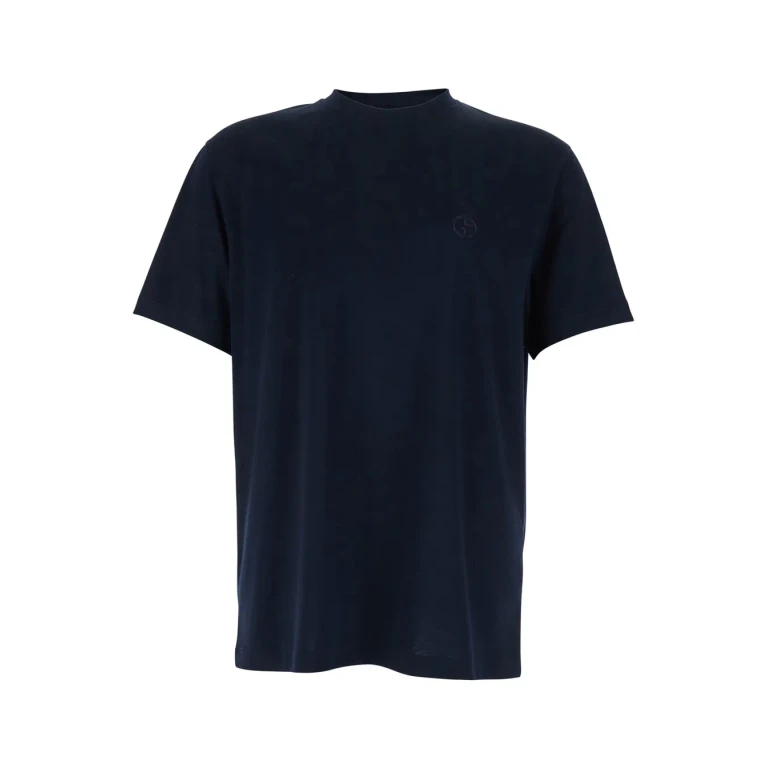 Giorgio Armani Blue Crew Neck T-shirt With Raised Collar In Cotton For Men