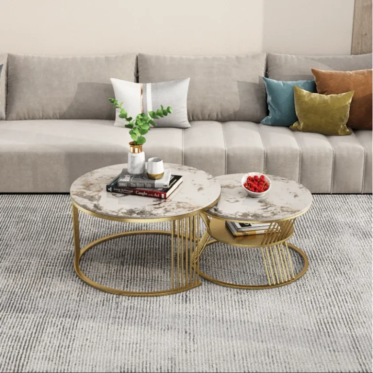 Round 2-Piece Nesting Set Sintered Stone Top White Coffee Table with Metal Frame