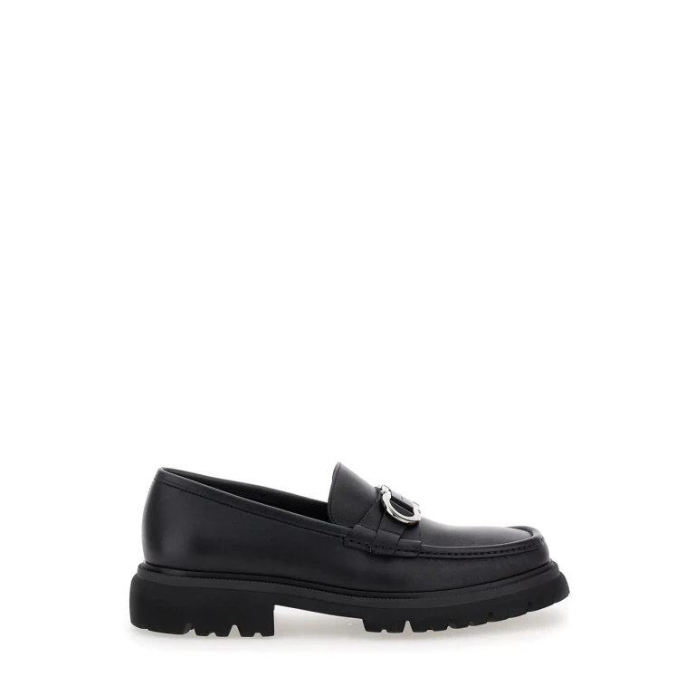 Black Loafers With Platform And Gancini Detail In Leather Man