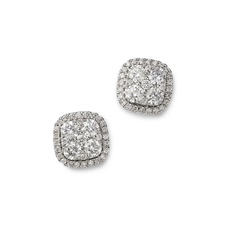 Diamond Halo Cluster Stud Earrings in 14K White Gold, 1.50 tcw