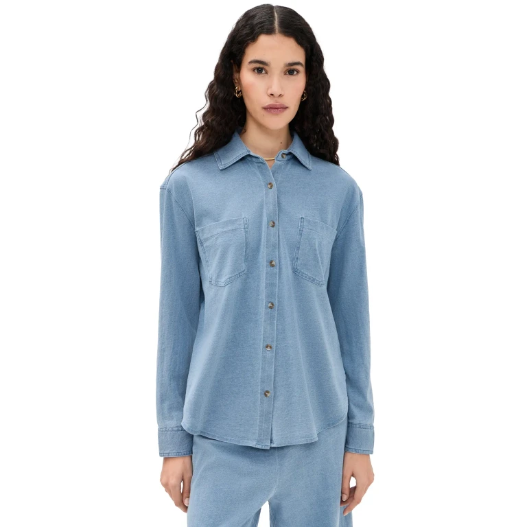Z Supply Reese Jersey Denim Button Up Santorini Indigo L