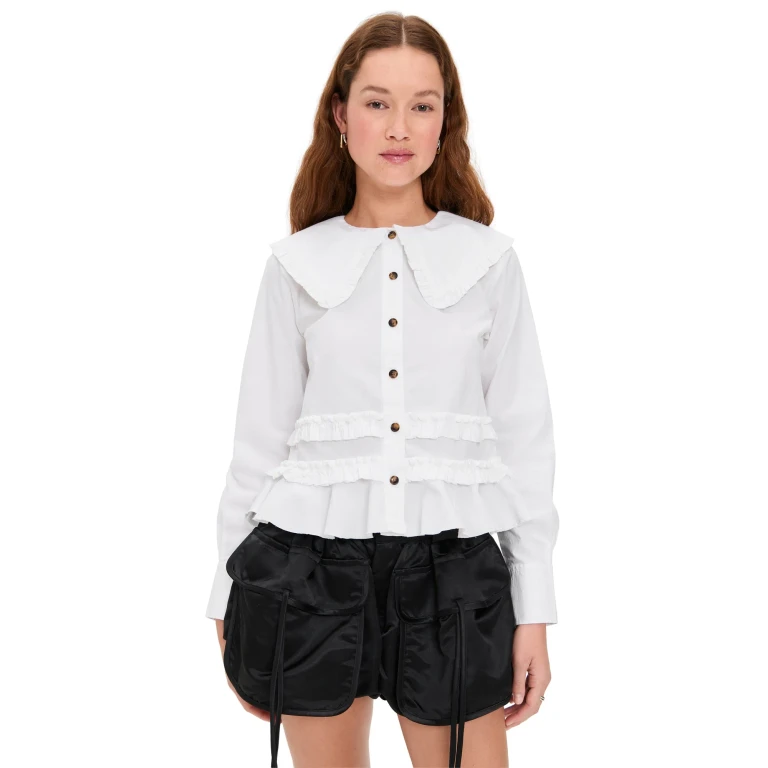 GANNI Stretch Cotton Shirt with Frills Snow White 40