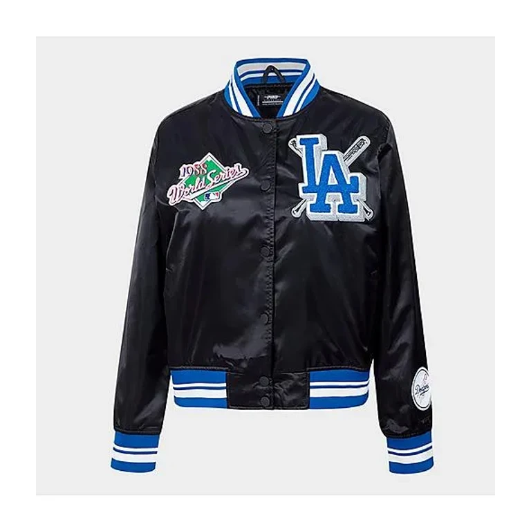 Pro Standard Women's Los Angeles Dodgers MLB Mash Up Rib Satin Jacket in Black/Dodger Blue Size: XS