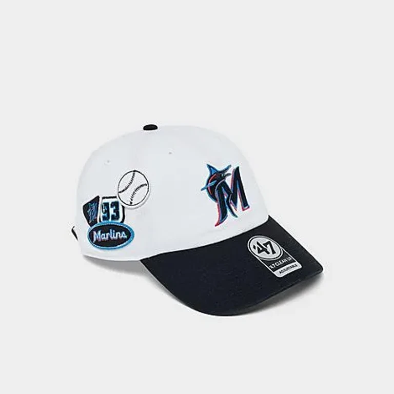47 Brand '47 Miami Marlins MLB Badges Clean Up Strapback Hat in White/Black
