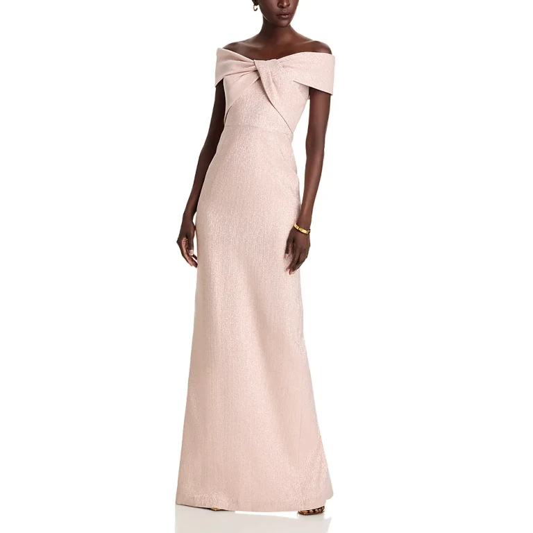 Teri Jon by Rickie Freeman Metallic Jacquard Off-the-Shoulder Gown