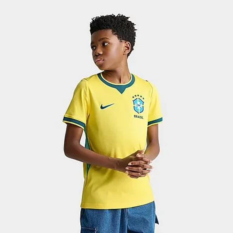 Nike Big Kids Brazil 26 Stadium Home Dri-FIT Replica Soccer Jersey in Canary/Light Menta/Geode Teal Size: XS