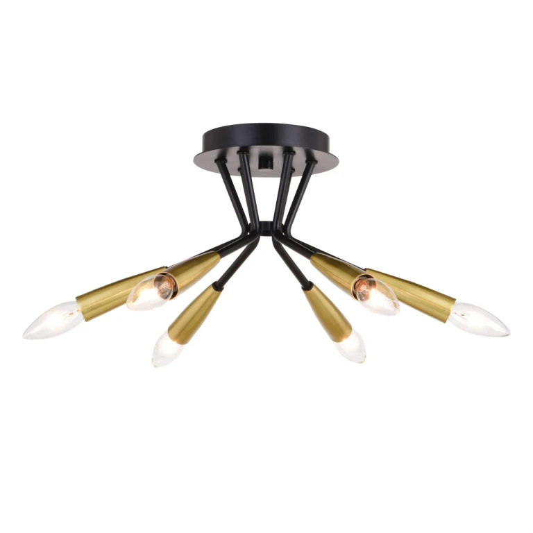 Matte Black and Satin Brass Six Light Semi-Flush Mount from the Ellis Collection