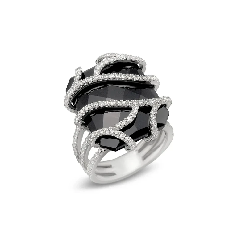 Diamond and Black Onyx Ring in 14K White Gold, 1.20 tcw