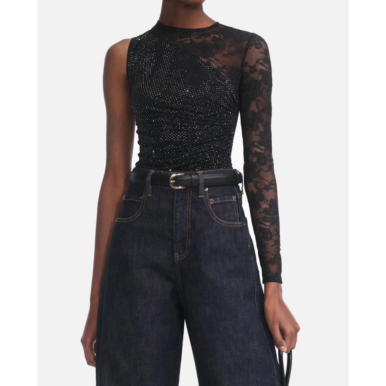 self-portrait Black Rhinestone Lace Sleeve Top