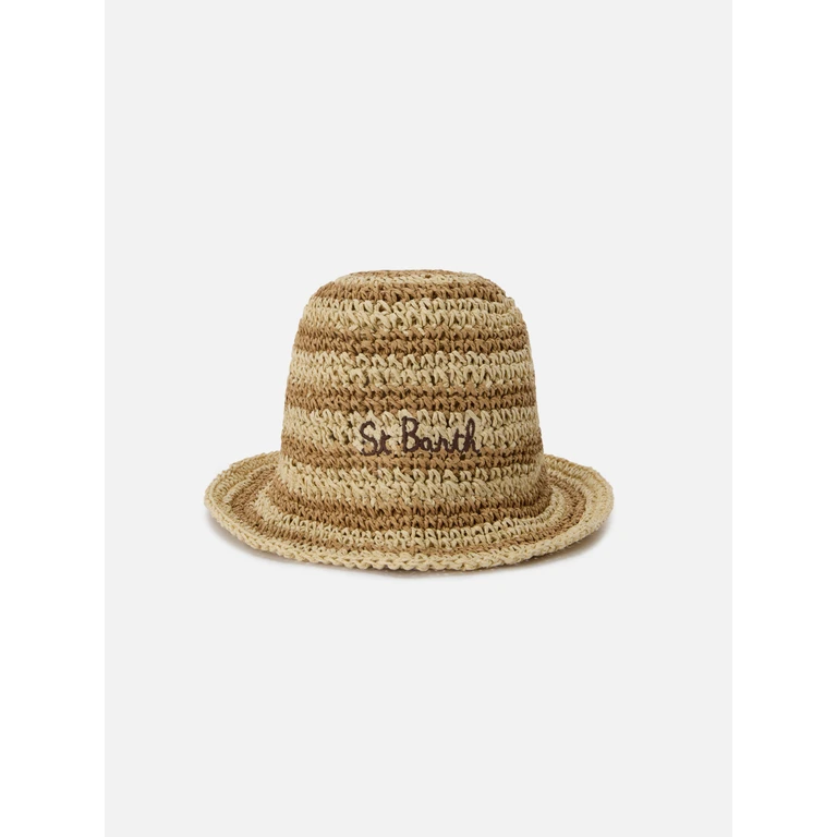Mc2 Saint Barth Polly Bucket Hat With Beige And White Stripes Embroidered Logo Brown - Unisex