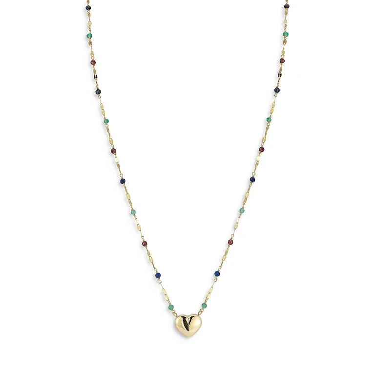 14K Yellow Gold Puffed Heart Beaded Necklace, 16