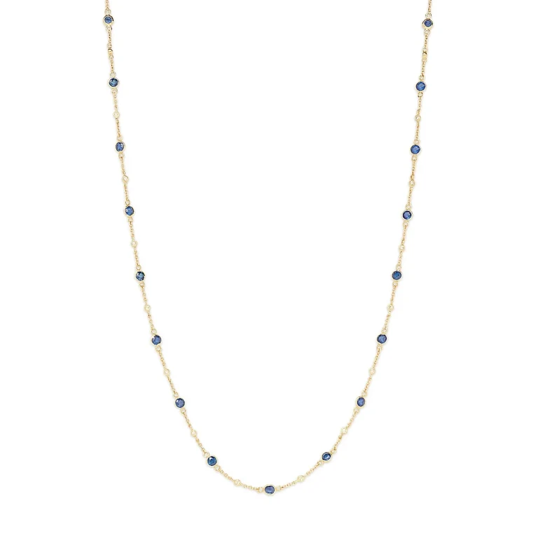 Blue Sapphire & Diamond Bezel Station Collar Necklace in 14K Yellow Gold, 16-18