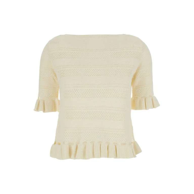 TwinSet Sweater With Ruffles And Perforated Design In Wool Blend White Women