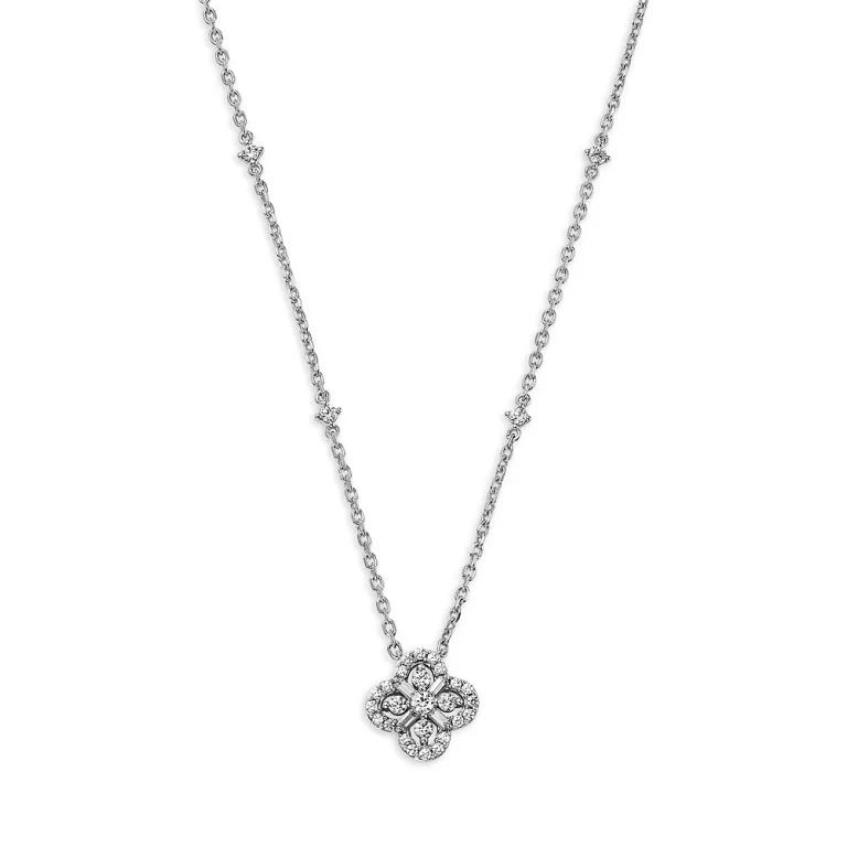 Diamond by the Yard Round & Baguette Clover Pendant Necklace in 14K White Gold, 0.5 tcw