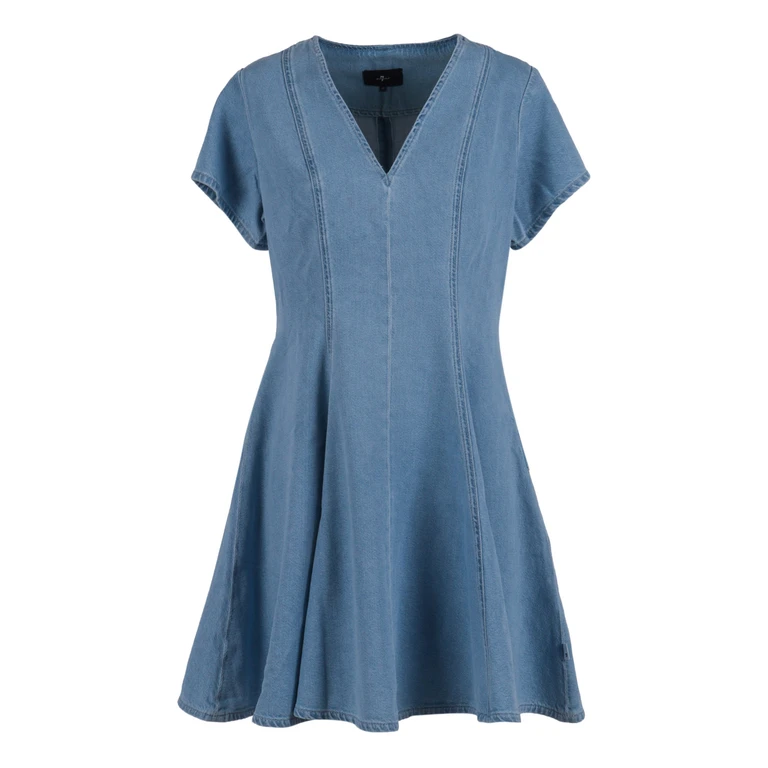7 For All Mankind S-S VNECK FLARED DRESS Hana Blue Cotton Lyocell Mini - Women