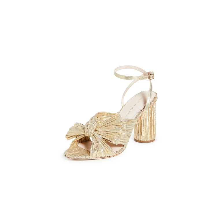 Loeffler Randall Camellia Gold Pleated Bow Heel with Ankle Strap Gold 6.5