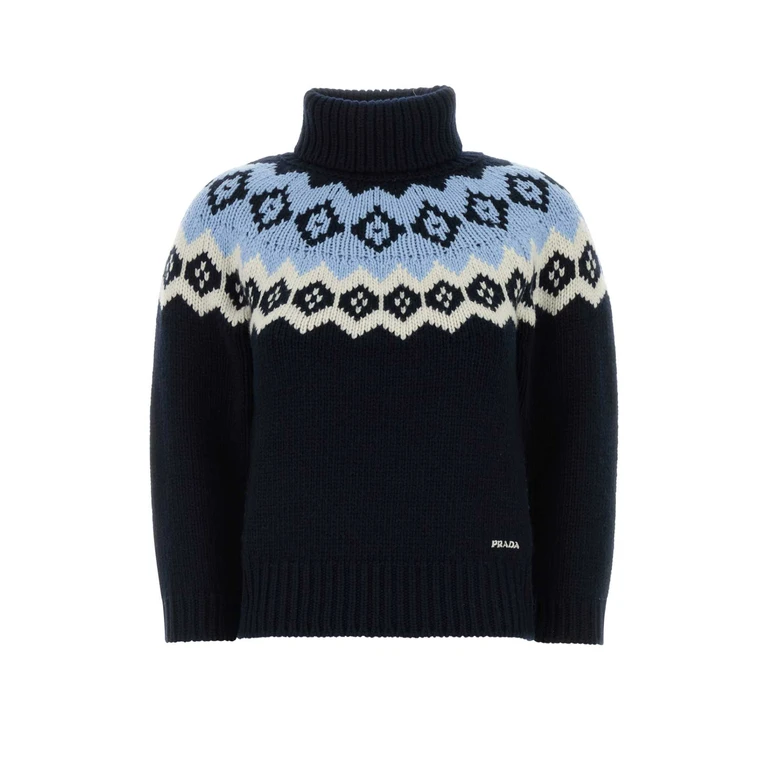 Prada Dark Blue Wool Blend Sweater Blu+naturale Maglieria - Women