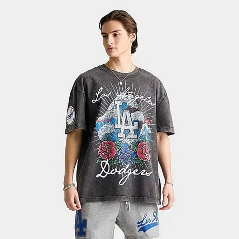 Pro Standard Men's Los Angeles Dodgers MLB Wave And Roses Graphic T-Shirt in Washed Black Size: Small
