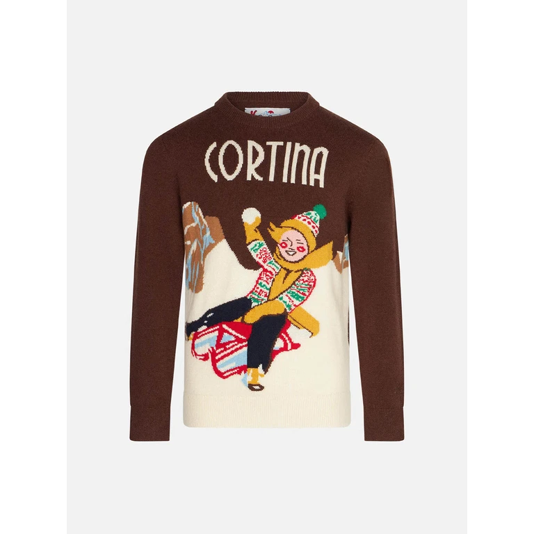Mc2 Saint Barth Boy Sweater With Cortina Postcard Print Brown