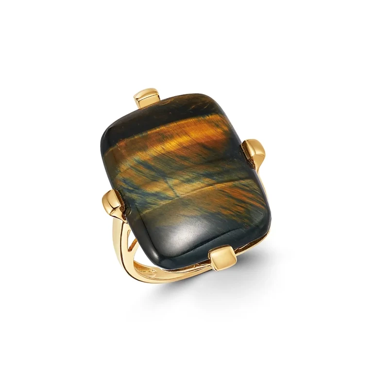 Blue Tiger Eye Statement Ring in 14K Yellow Gold