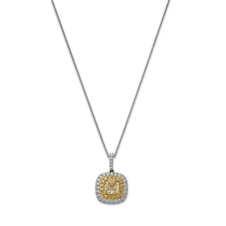Yellow & White Diamond Halo Pendant Necklace in 18K White Gold, 18